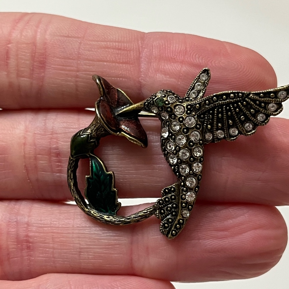 Vintage Hummingbird Brooch Marcasite Style Rhinestone Enamel Bird Floral Pin